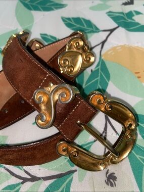 Vintage 90s Brighton TWEED HEARTS Brown Leather Link Belt Gold Ornate
